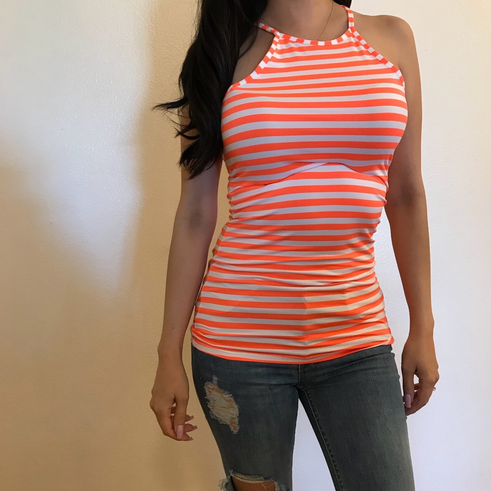 Neon Orange Striped High Neck Top - Picture 1 of 8